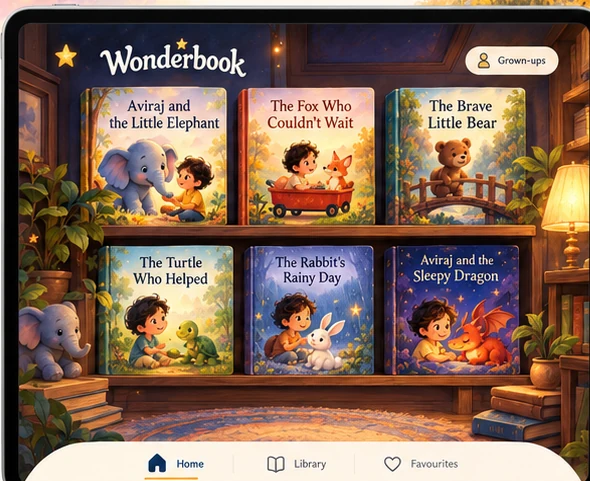 Wonderbook illustrated bookshelf with a collection of magical children's story covers
