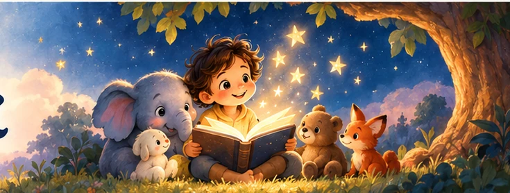 Illustration of a child, elephant, bear and fox gathered around a glowing book