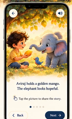 Illustrated story reader showing a little child and Ellie the elephant beneath leafy branches